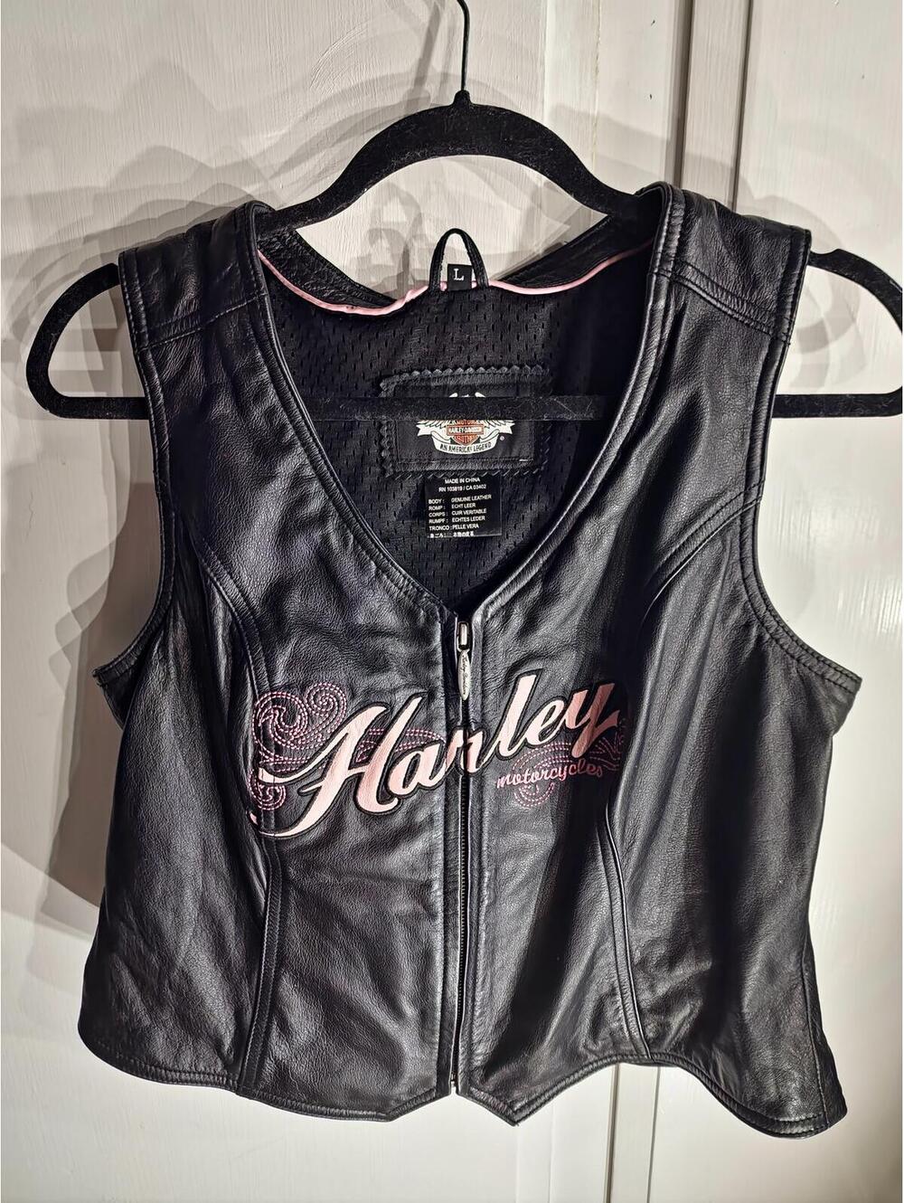 Harley Davidson Black Leather Vest with Pink Embroidered Logo